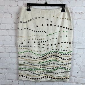 LAFAYETTE 148 NEW YORK linen cotton silk beaded sequin cream pencil skirt size 4